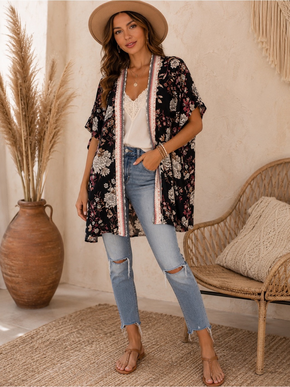 Knox Rose Floral Kimono Cardigan Boho Open Front Lightweight Layering Top Size L